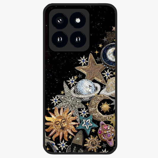 Cosmic Sparkle Dreams Glass Case showing flat back view with sparkling cosmic artwork and glossy glass finish.