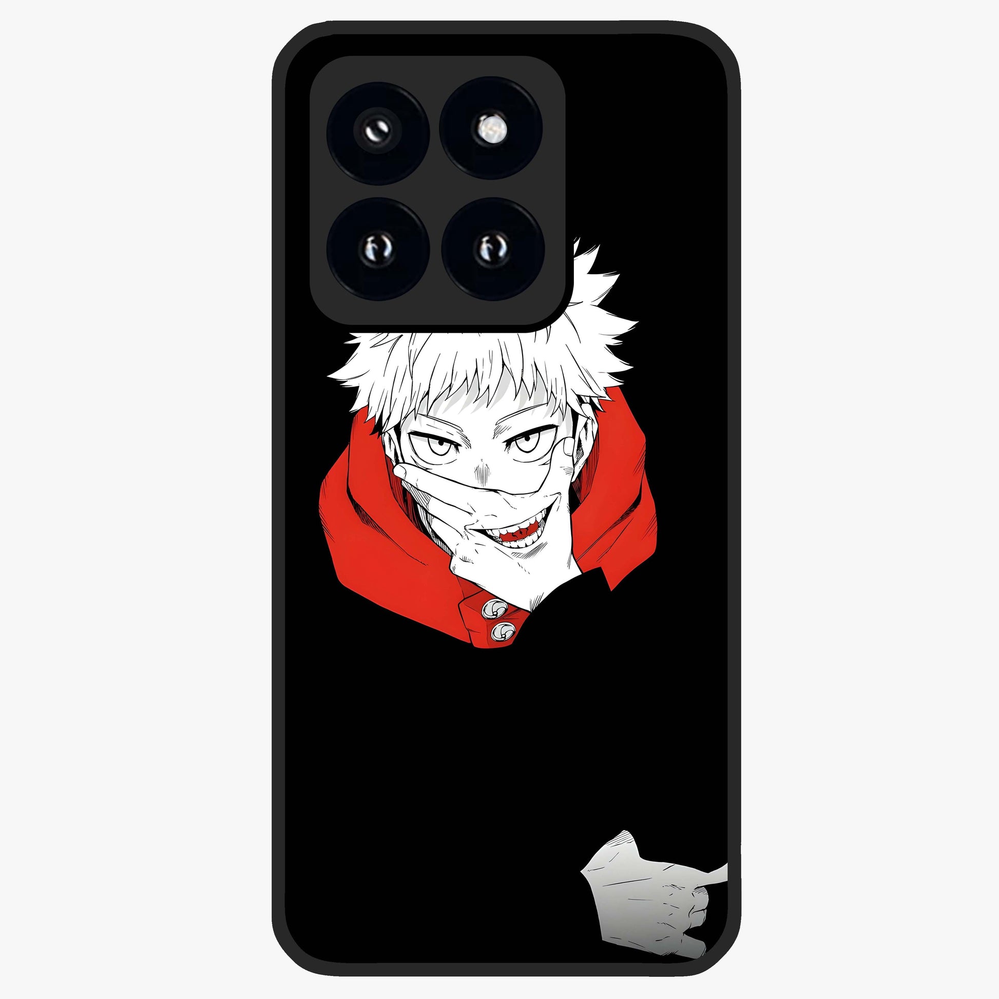 Crimson Chaos Smile Glass Case showing flat back view with bold chaotic smile artwork and glossy glass finish.
