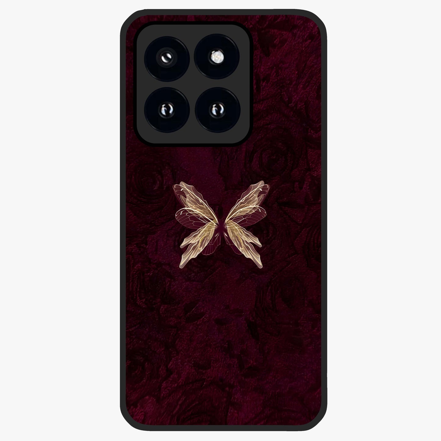 Crimson Fade Butterfly Glass Case showing flat back view with fading butterfly artwork and glossy glass finish.