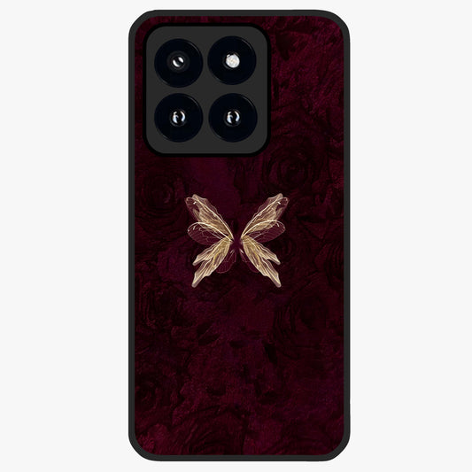 Crimson Fade Butterfly Glass Case showing flat back view with fading butterfly artwork and glossy glass finish.