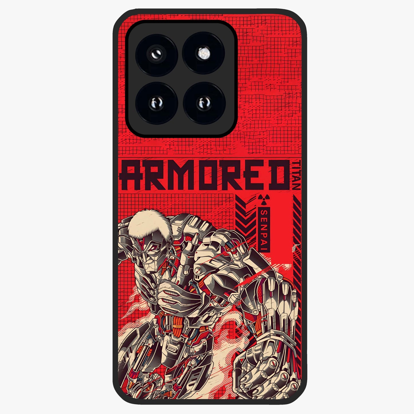 Crimson Mecha Titan Glass Case showing flat back view with powerful mech titan artwork and glossy glass finish.
