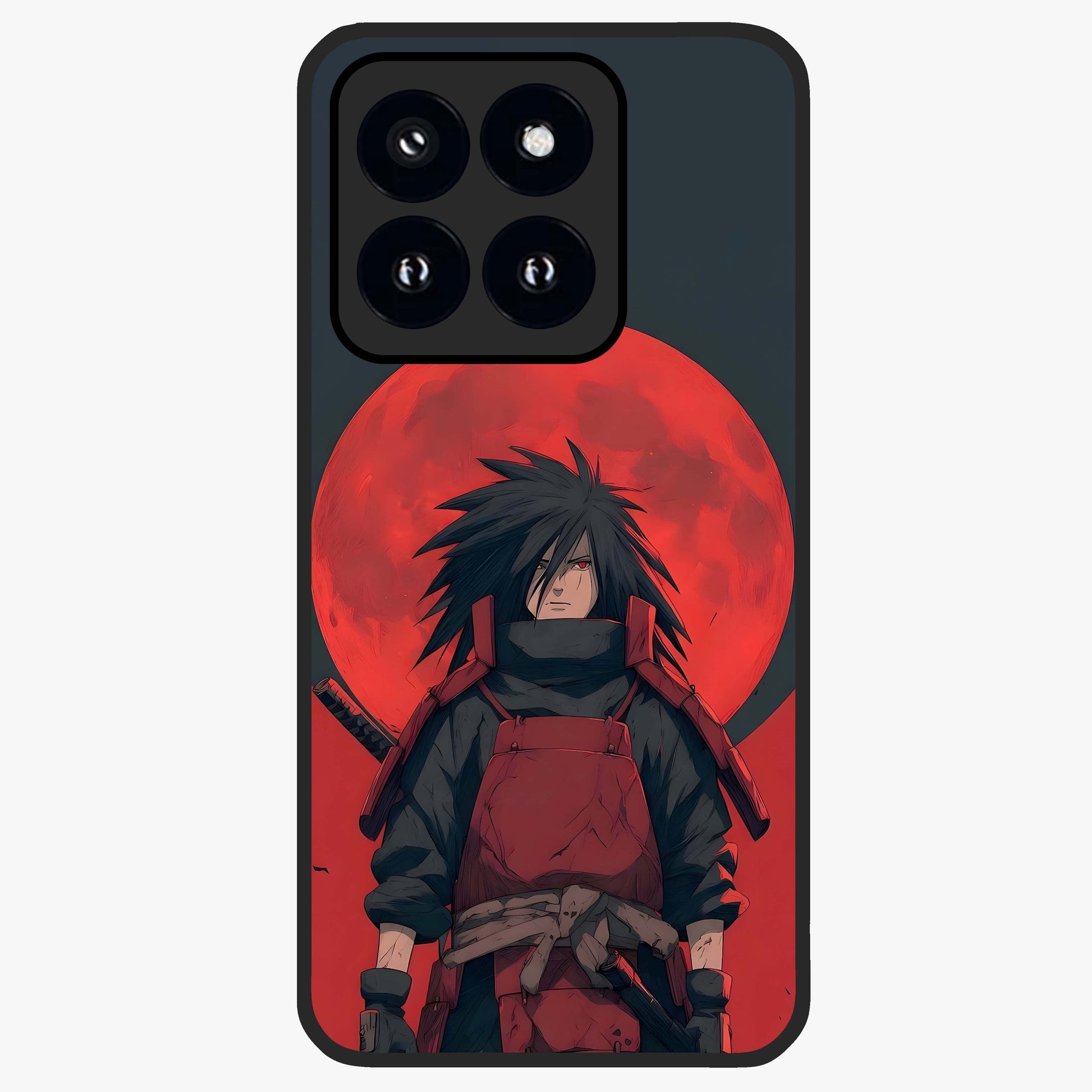 Crimson Moon Warlord Glass Case showing flat back view with mystical moon warrior artwork and glossy glass finish.