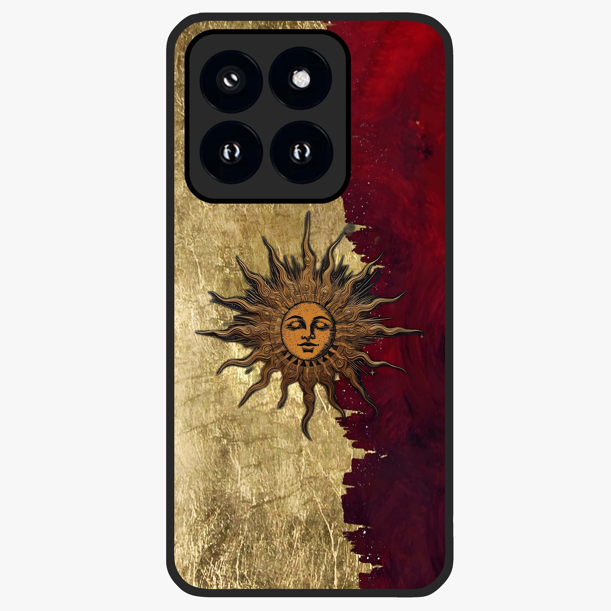 Crimson Sun Majesty Glass Case showing flat back view with radiant sun inspired artwork and glossy glass finish.
