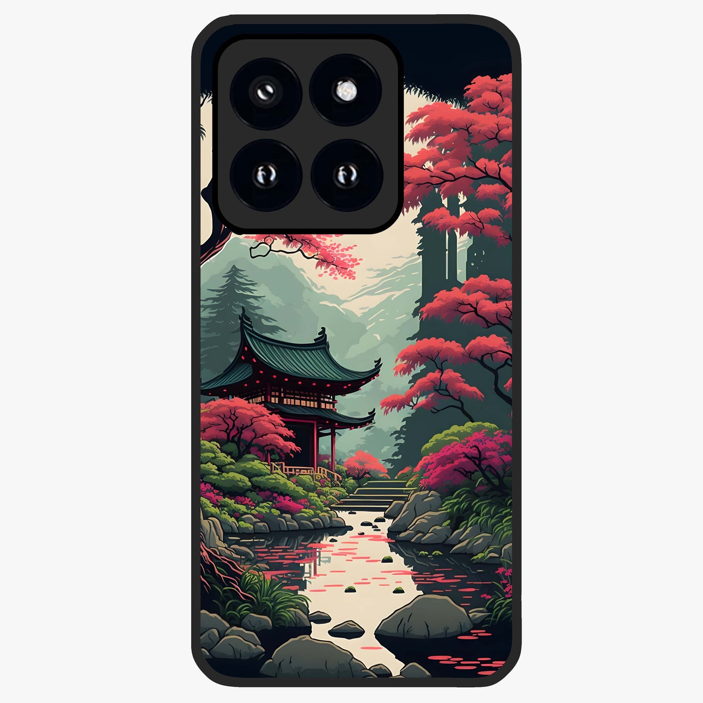 Crimson Temple View Glass Case showing flat back view with temple inspired artwork and glossy glass finish.