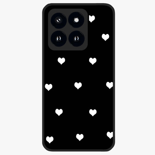 Cute And Simple White Hearts Glass Case showing flat back view with minimal white heart pattern and glossy glass finish.