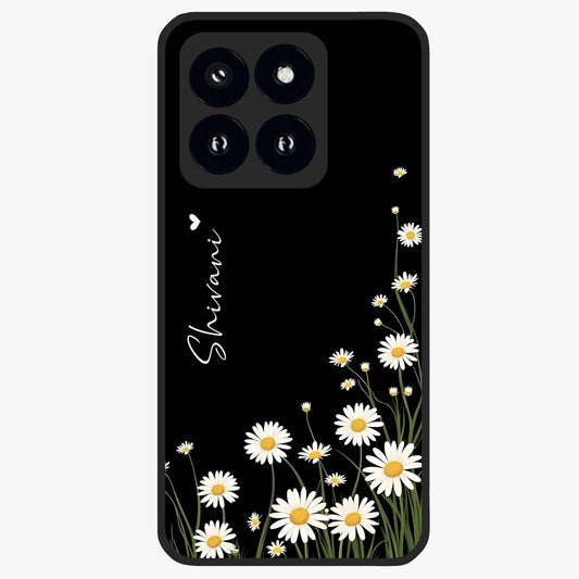 Daisy Cascade Custom Name Glass Case showing flat back view with cascading daisy flowers and personalized name design.