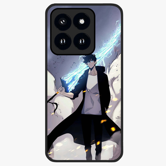 Dark Lightning Anime Warrior Glass Case showing flat back view with intense anime warrior artwork and glossy glass finish.
