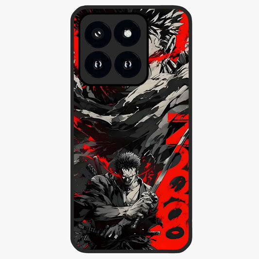 Demon Sword Resolve Glass Case showing flat back view with fierce sword warrior artwork and glossy glass finish.