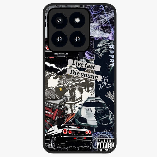 Die Young Glass Case showing flat back view with bold artistic typography design and glossy glass finish.