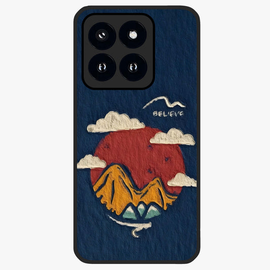 Dream Beyond Mountains Glass Case showing flat back view with scenic mountain landscape artwork and glossy glass finish.