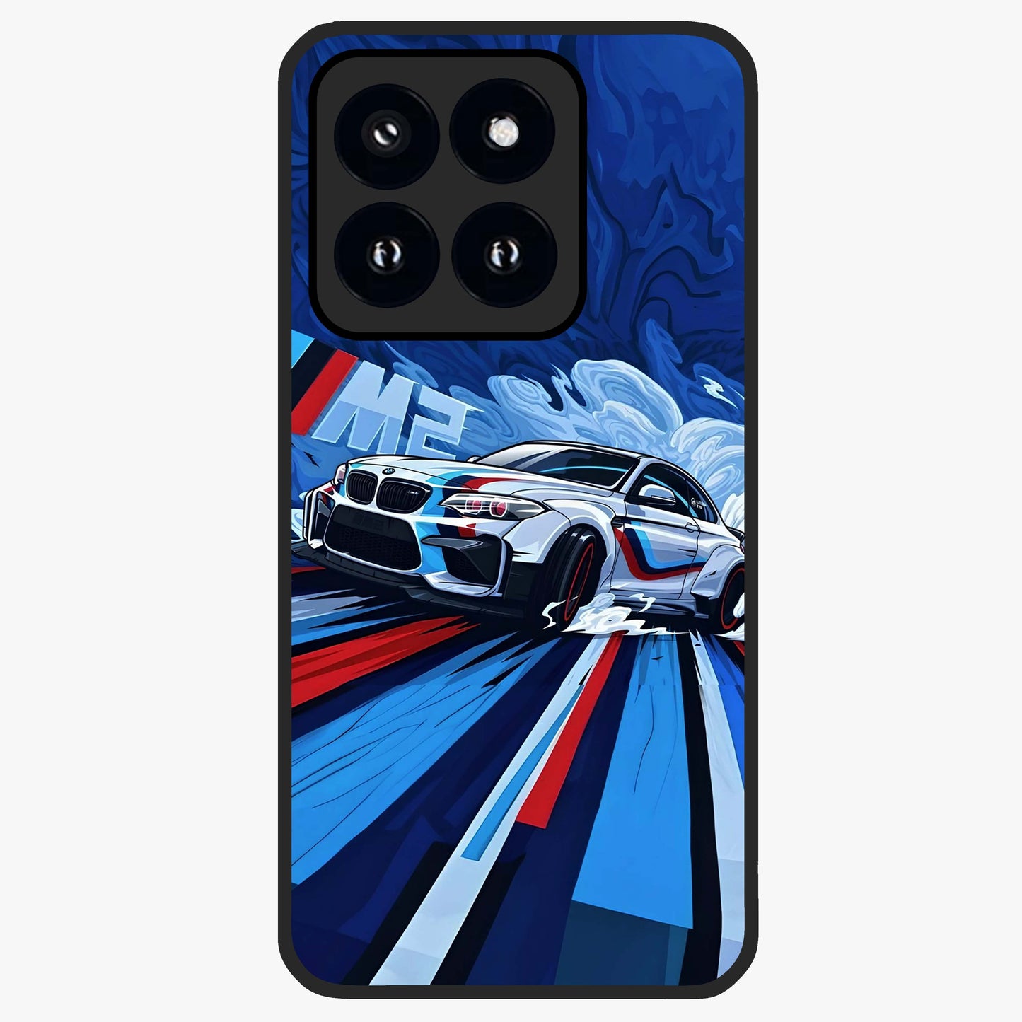Drift Power Rush Glass Case showing flat back view with dynamic racing inspired artwork and glossy glass finish.