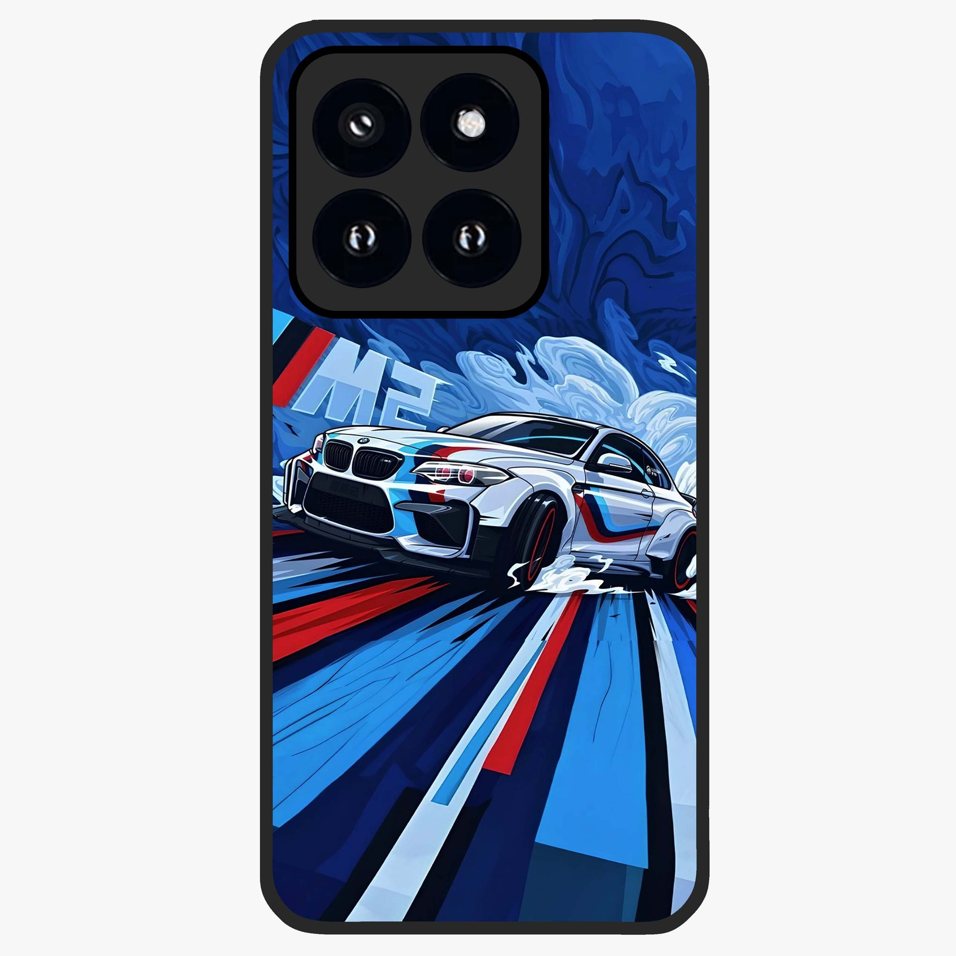 Drift Power Rush Glass Case showing flat back view with dynamic racing inspired artwork and glossy glass finish.