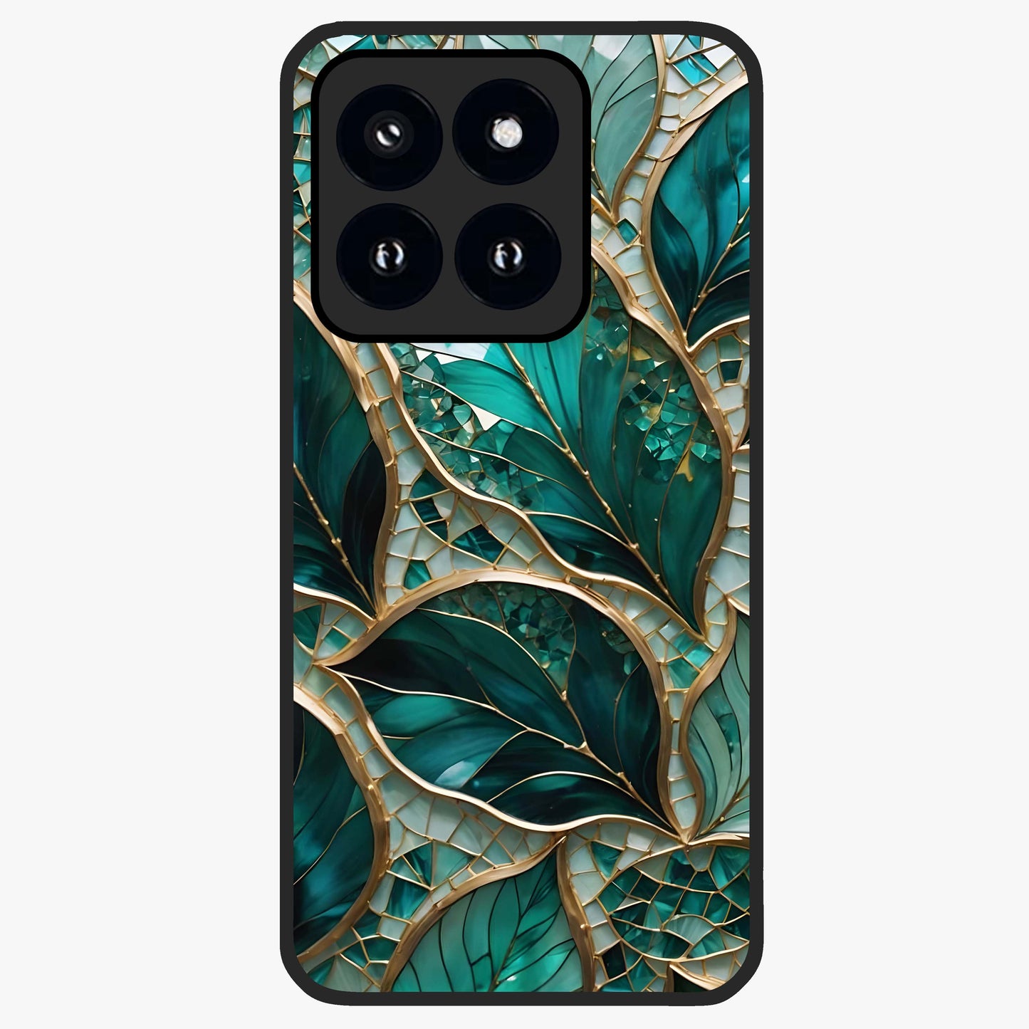 Emerald Leaf Glass Glass Case showing flat back view with emerald green leaf artwork and glossy glass finish.