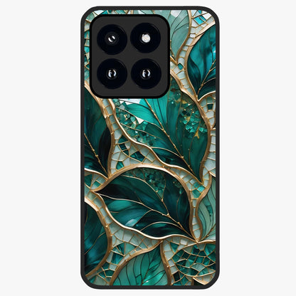Emerald Leaf Glass Glass Case showing flat back view with emerald green leaf artwork and glossy glass finish.