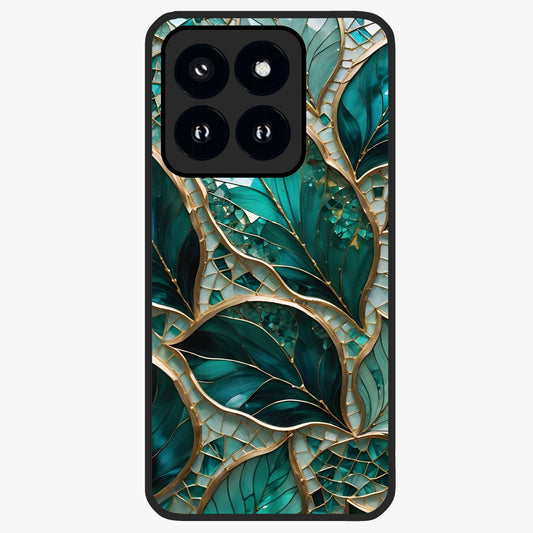 Emerald Leaf Glass Glass Case showing flat back view with emerald green leaf artwork and glossy glass finish.