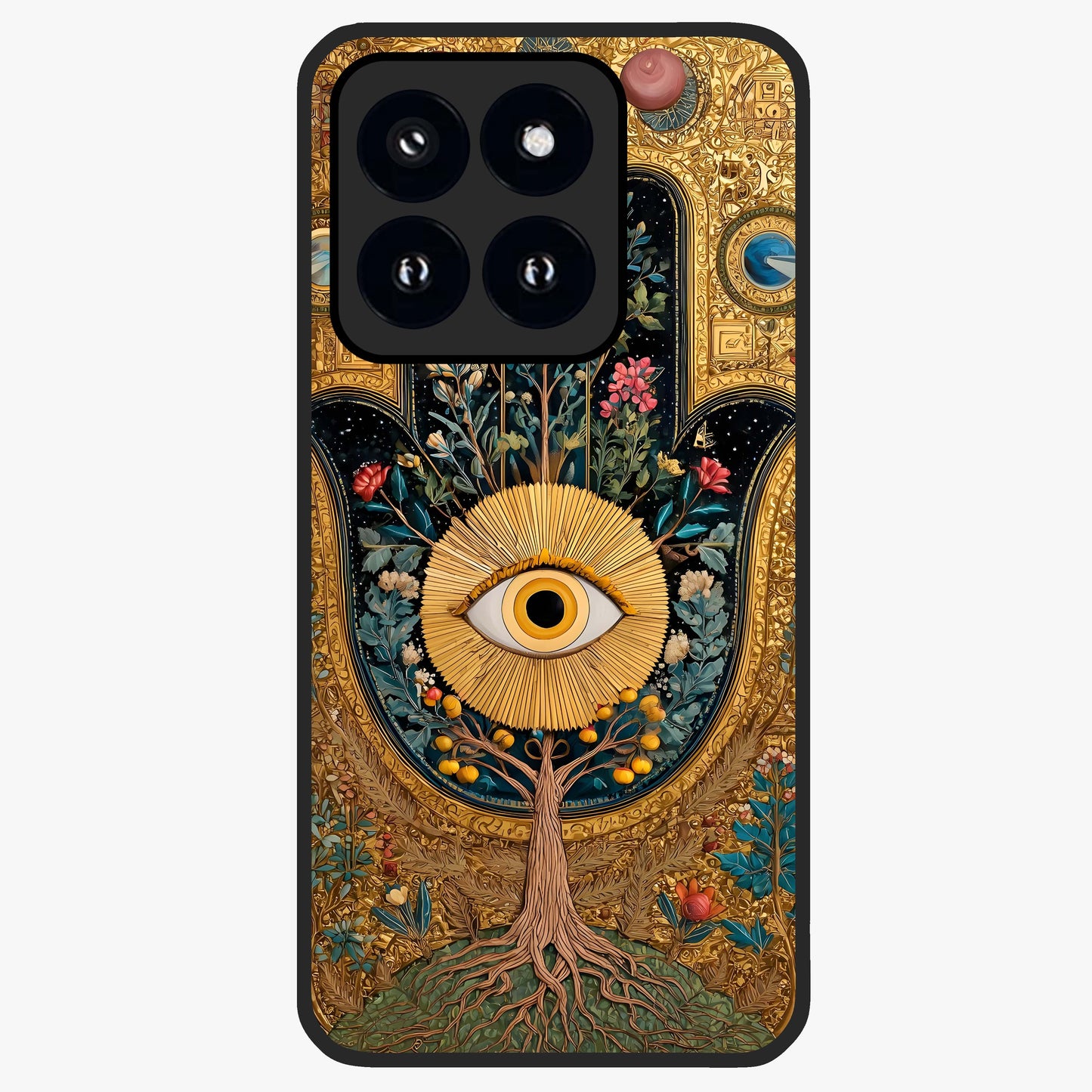 Ethereal Evil Eye Glass Case showing flat back view with mystical evil eye artwork and glossy glass finish.