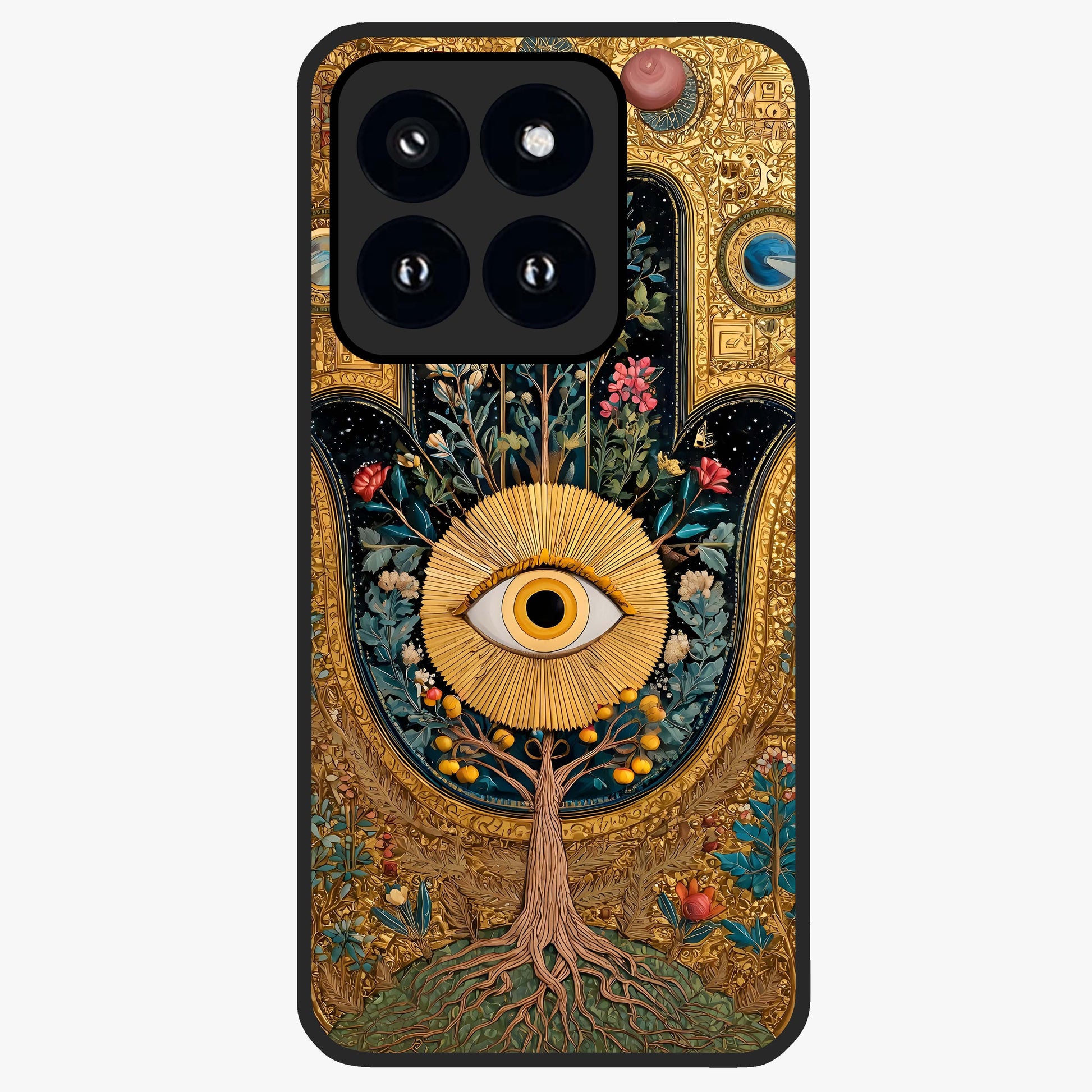 Ethereal Evil Eye Glass Case showing flat back view with mystical evil eye artwork and glossy glass finish.