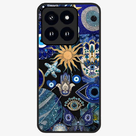 Evil Eye Charm Mix Glass Case showing flat back view with multiple evil eye charms artwork and glossy glass finish.