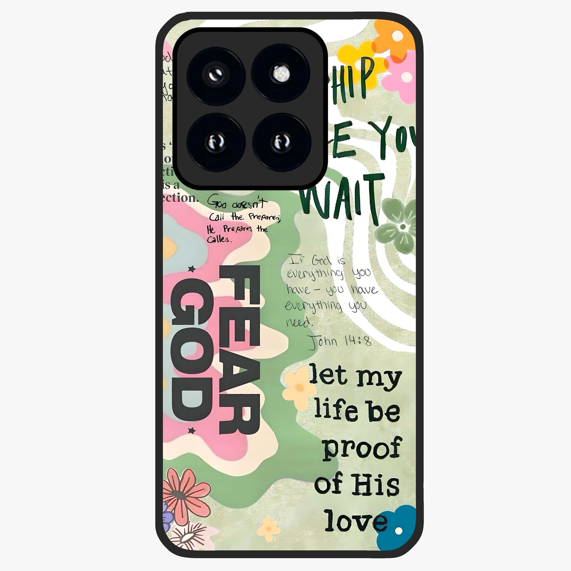 Faith Over Fear Glass Case showing flat back view with motivational typography artwork and glossy glass finish.