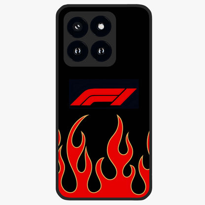 Fire F11 Glass Case showing flat back view with fiery themed artwork and glossy glass finish.