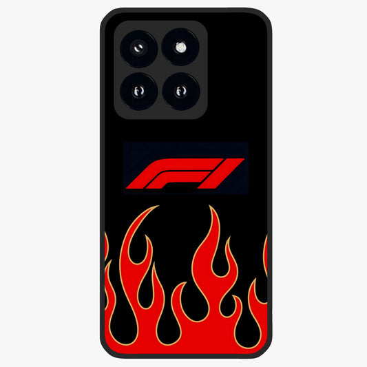 Fire F11 Glass Case showing flat back view with fiery themed artwork and glossy glass finish.