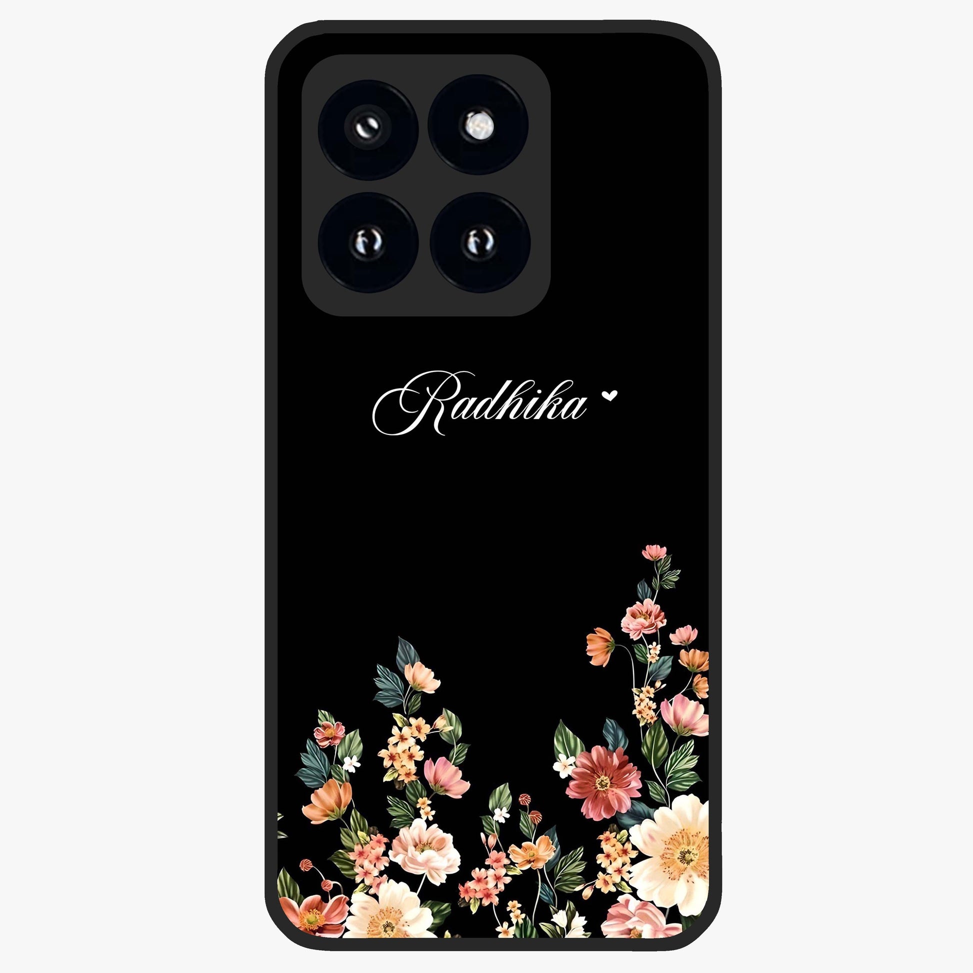 Floral Design With a Custom Personalized Name Glass Case showing flat back view with floral artwork and personalized name design.