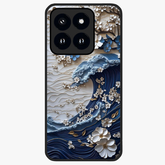 Floral Wave Origami Glass Case showing flat back view with origami inspired floral wave artwork and glossy glass finish.