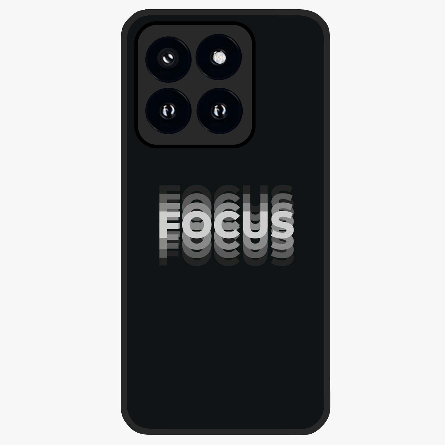 Focus Mode On Glass Case showing flat back view with bold motivational typography design and glossy glass finish.
