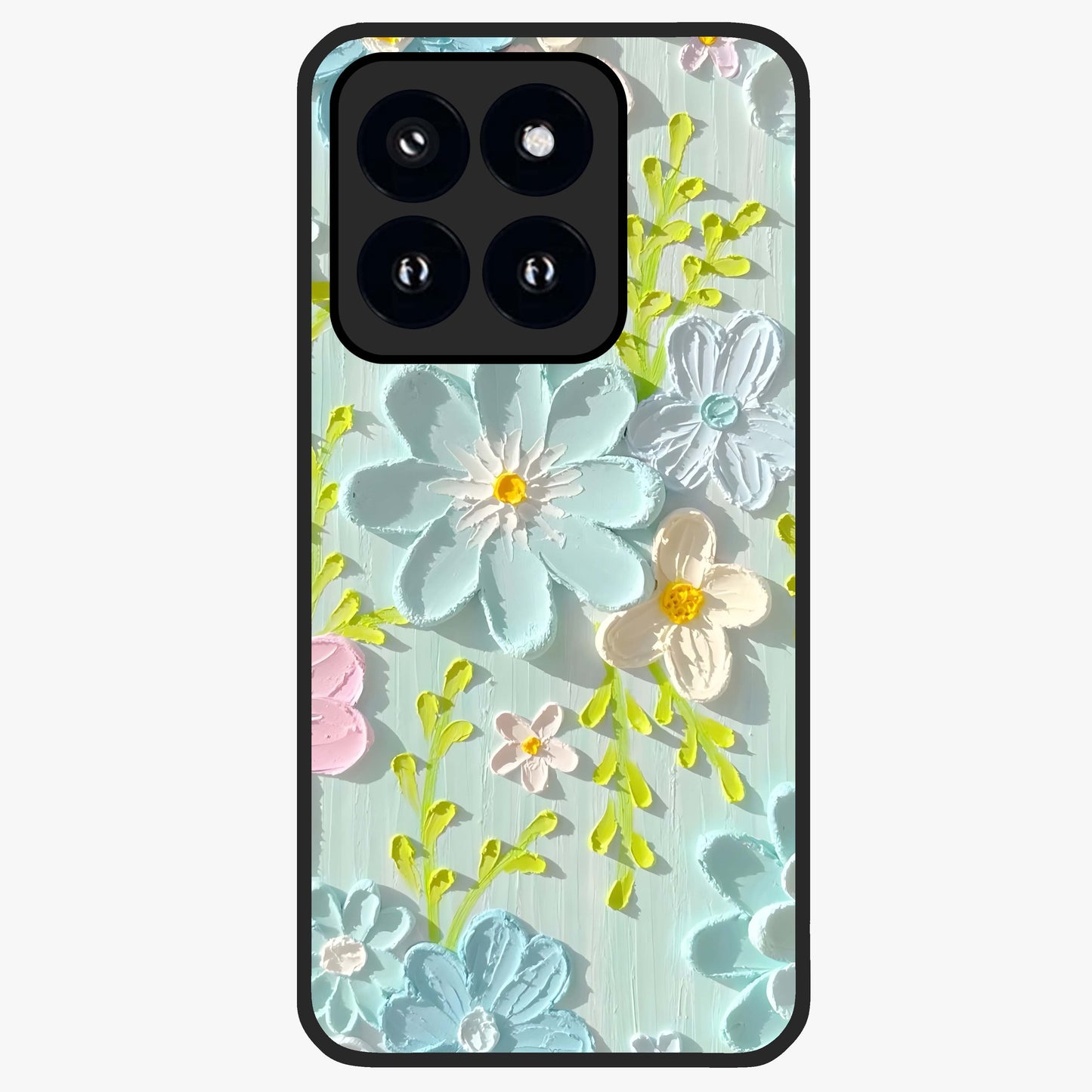 Frosted Petal Garden Glass Case showing flat back view with soft frosted floral artwork and glossy glass finish.