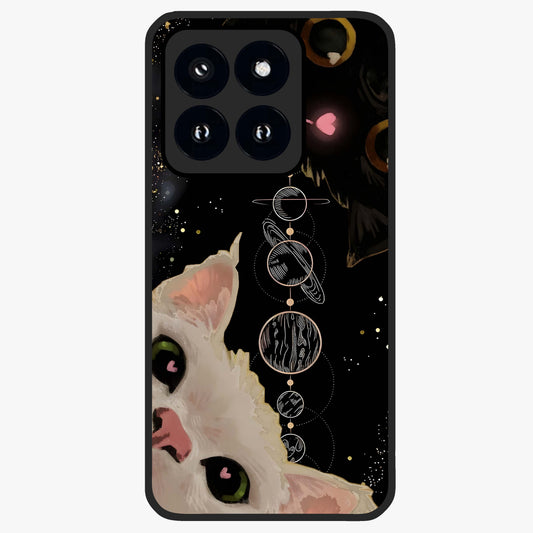 Galactic Cat Glass Case showing flat back view with cosmic cat artwork and glossy glass finish.