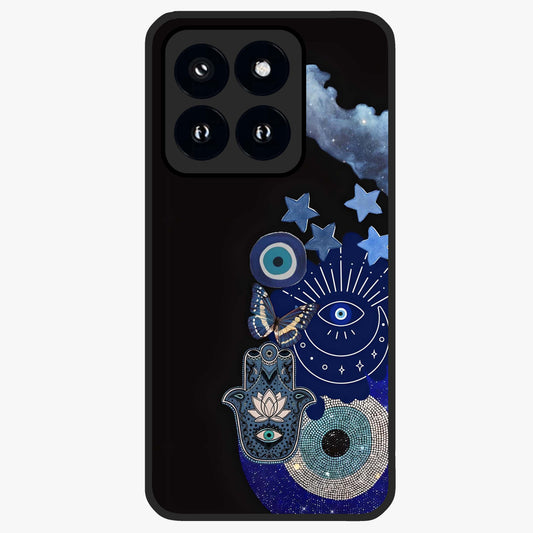 Galactic Charm Cluster Glass Case showing flat back view with glowing celestial charm artwork and glossy glass finish.