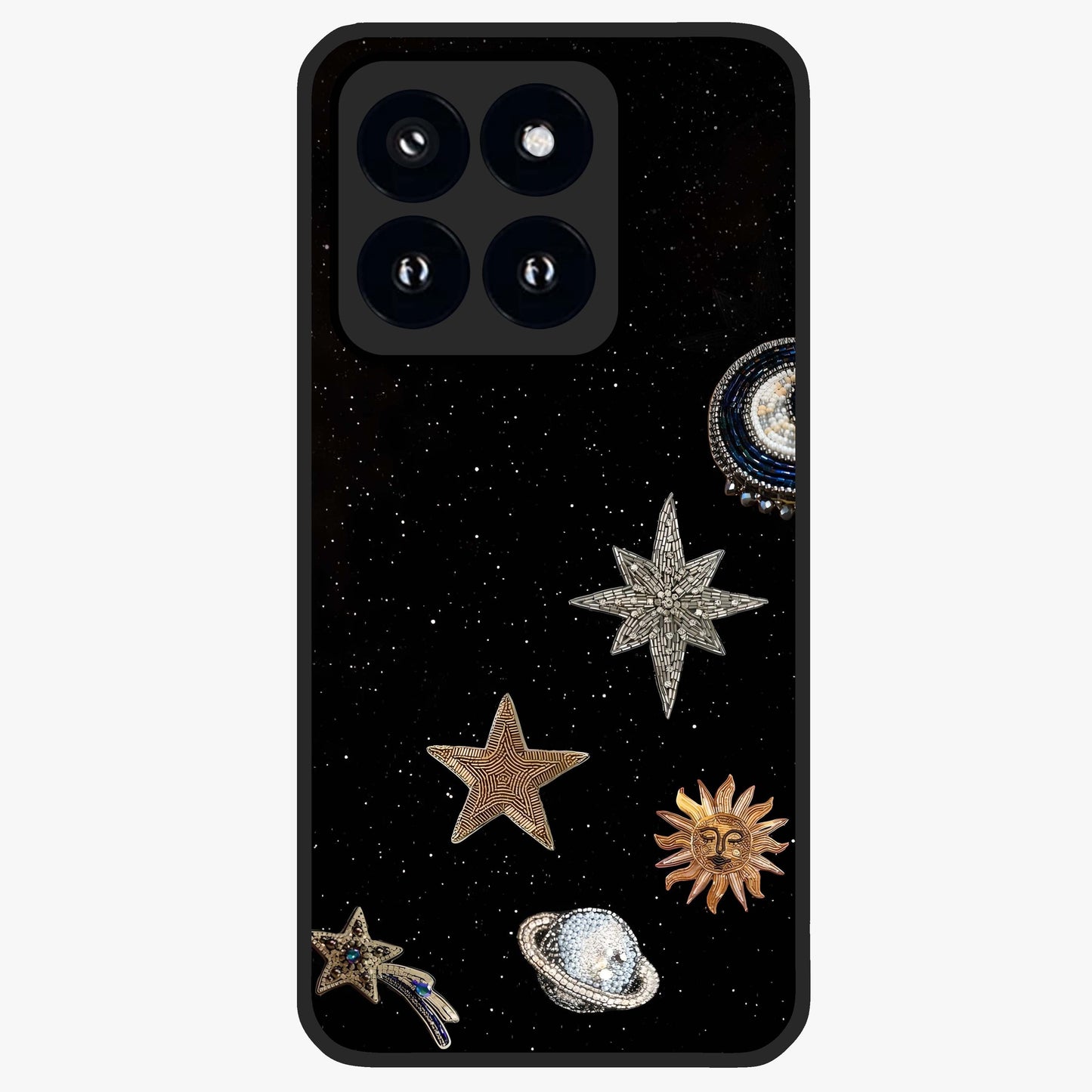 Galactic Charm Glow Glass Case showing flat back view with glowing celestial charm artwork and glossy glass finish.
