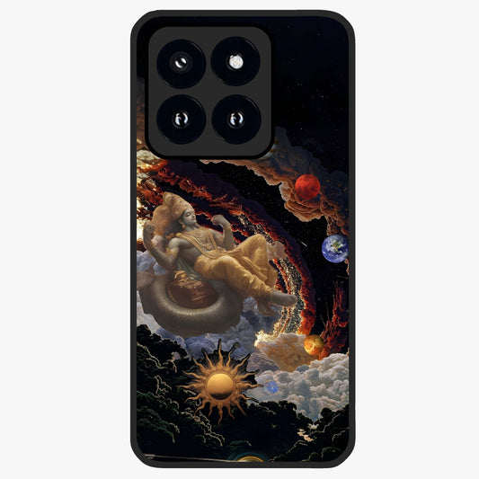 Galactic Divine God Glass Case showing flat back view with divine cosmic themed artwork and glossy glass finish.