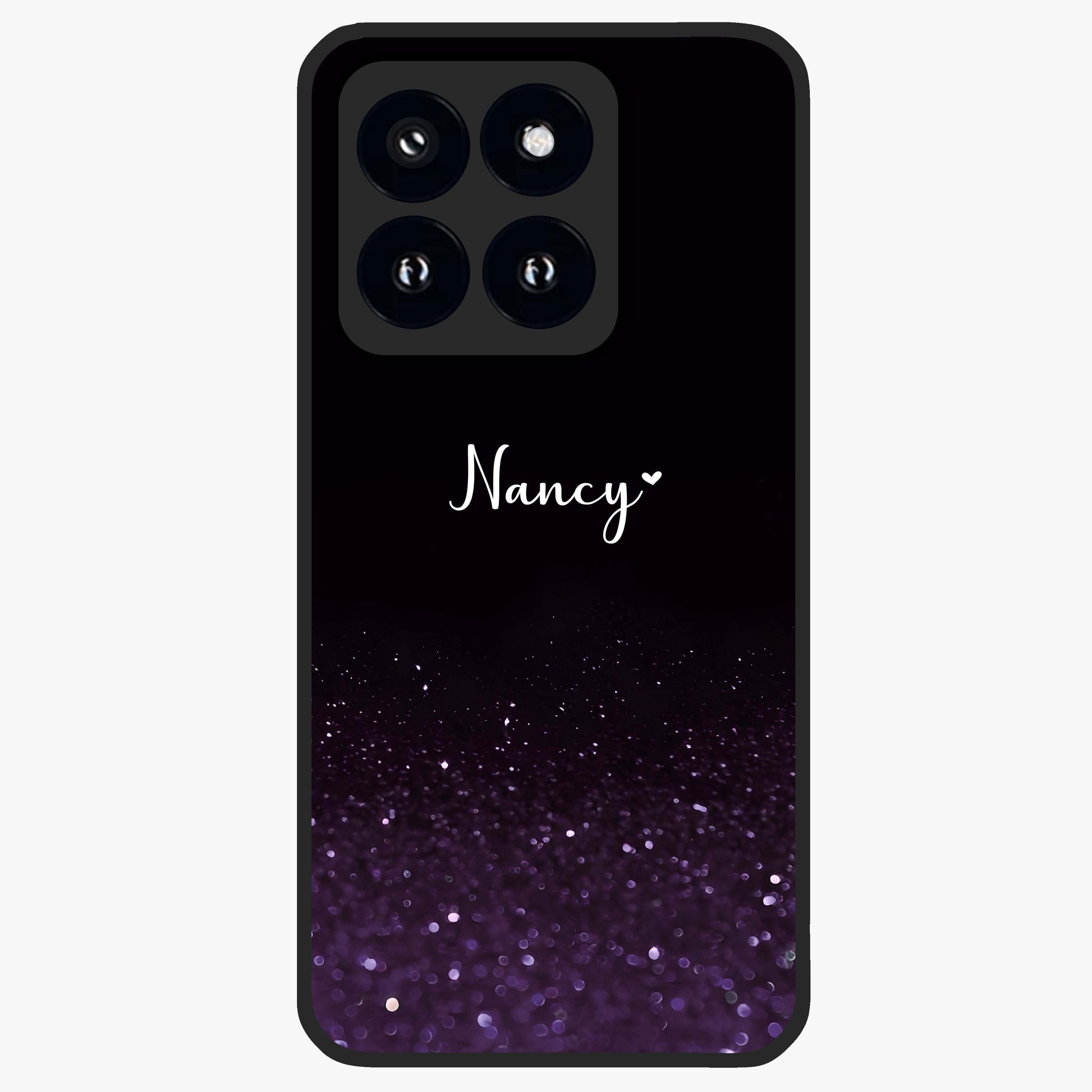 Glittery Purple Bokeh Custom Name Glass Case showing flat back view with purple bokeh sparkle artwork and personalized name design.