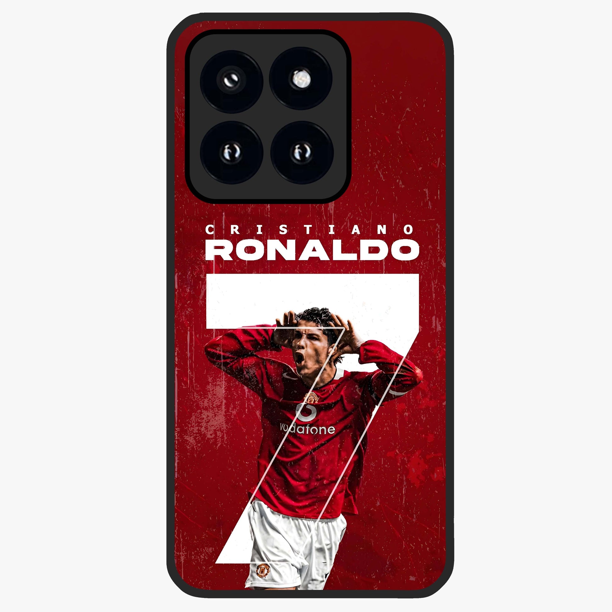 Goal Celebration Legacy Glass Case showing flat back view with football celebration inspired artwork and glossy glass finish.