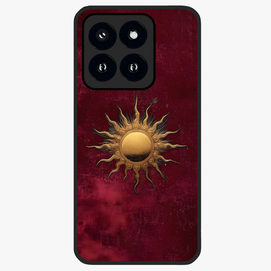 Gold Sun Blush Glass Case showing flat back view with golden sun inspired artwork and glossy glass finish.