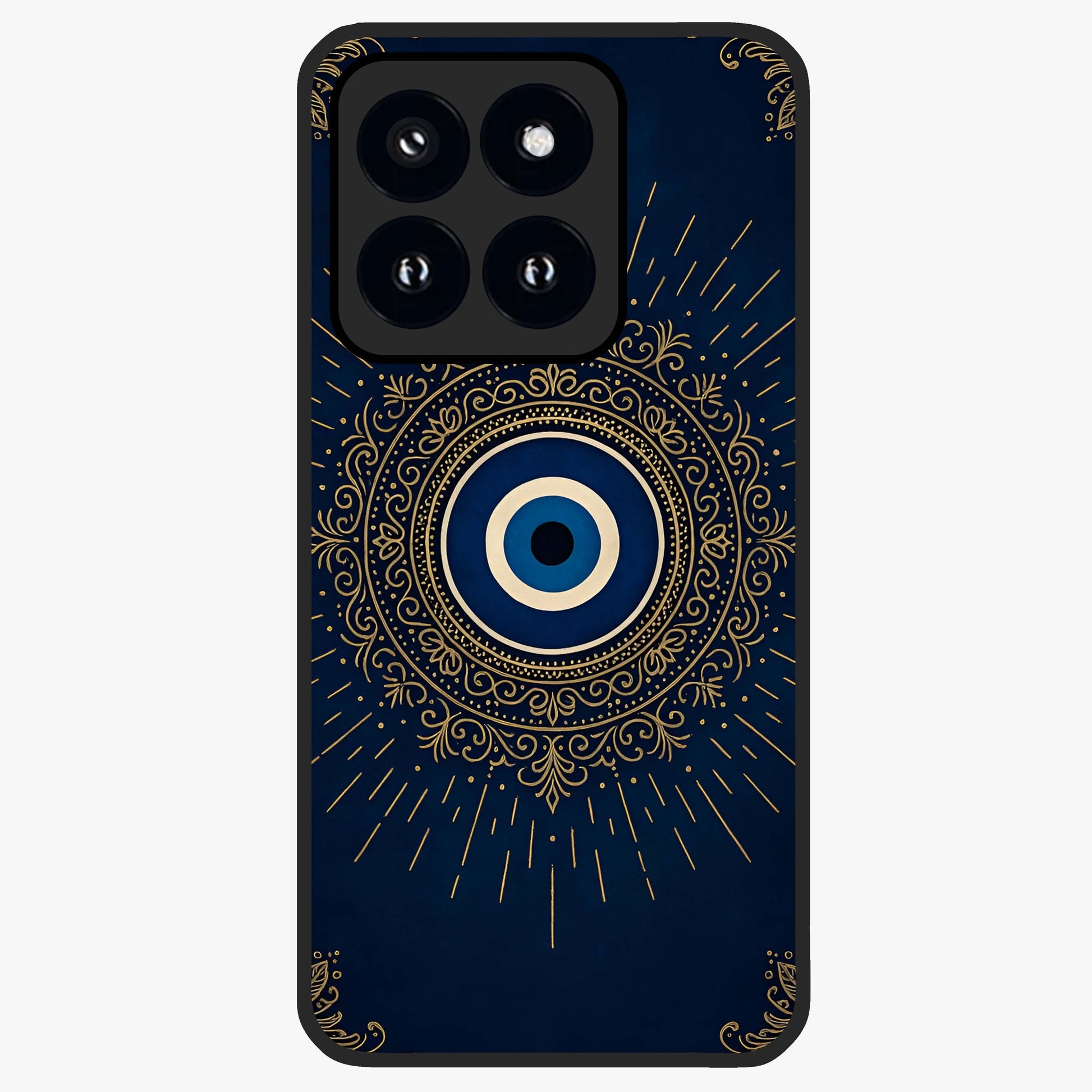 Golden Evil Eye Mandala Glass Case showing flat back view with intricate evil eye mandala artwork and glossy glass finish.