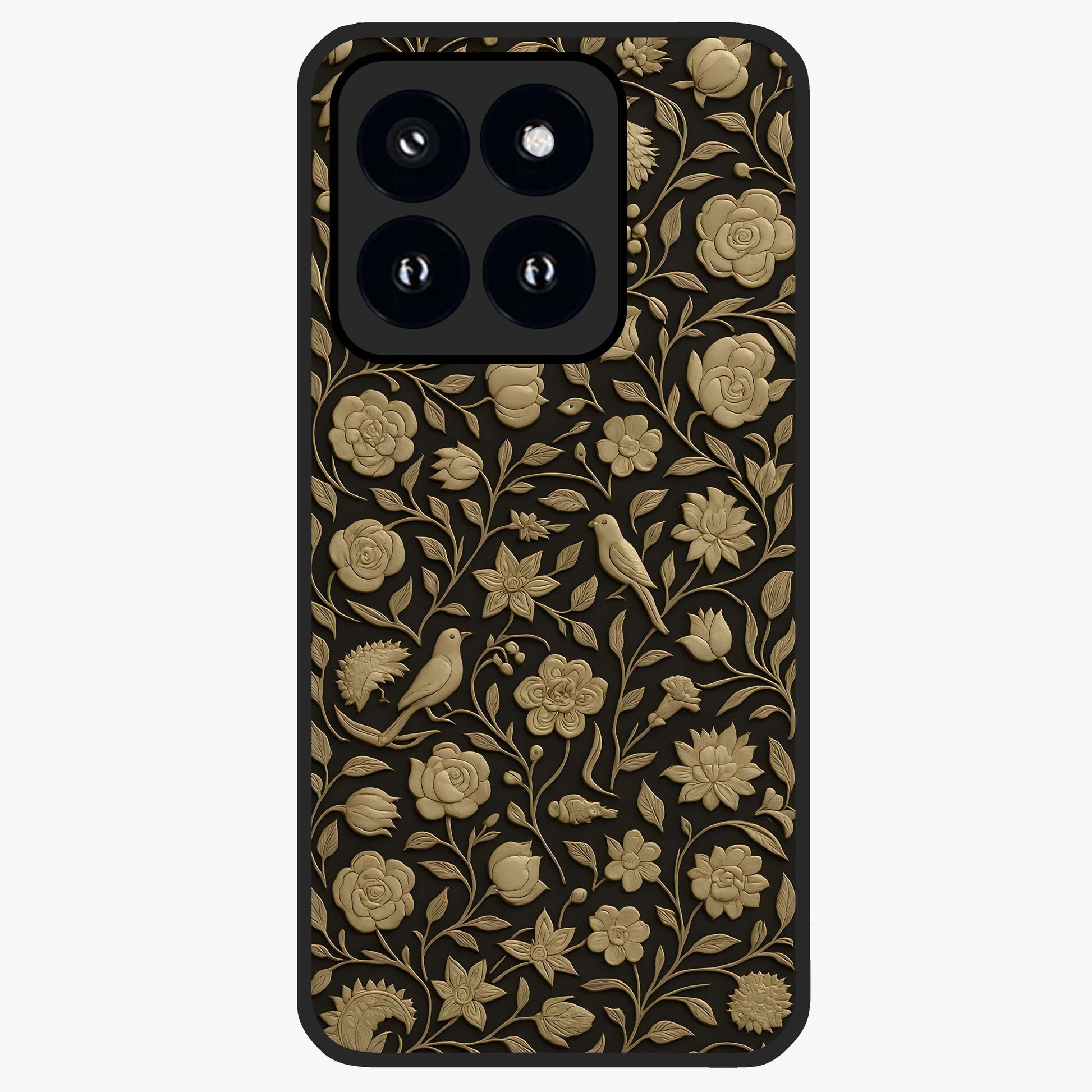 Golden Floral Majesty Glass Case showing flat back view with luxurious golden floral artwork and glossy glass finish.