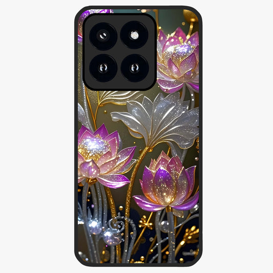 Golden Lotus Glow Glass Case showing flat back view with glowing lotus flower artwork and glossy glass finish.