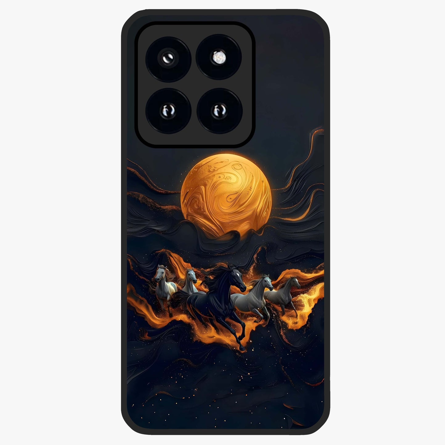 Golden Stallion Moonride Glass Case showing flat back view with majestic horse under moonlight artwork and glossy glass finish.