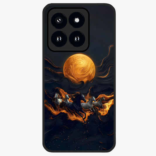 Golden Stallion Moonride Glass Case showing flat back view with majestic horse under moonlight artwork and glossy glass finish.