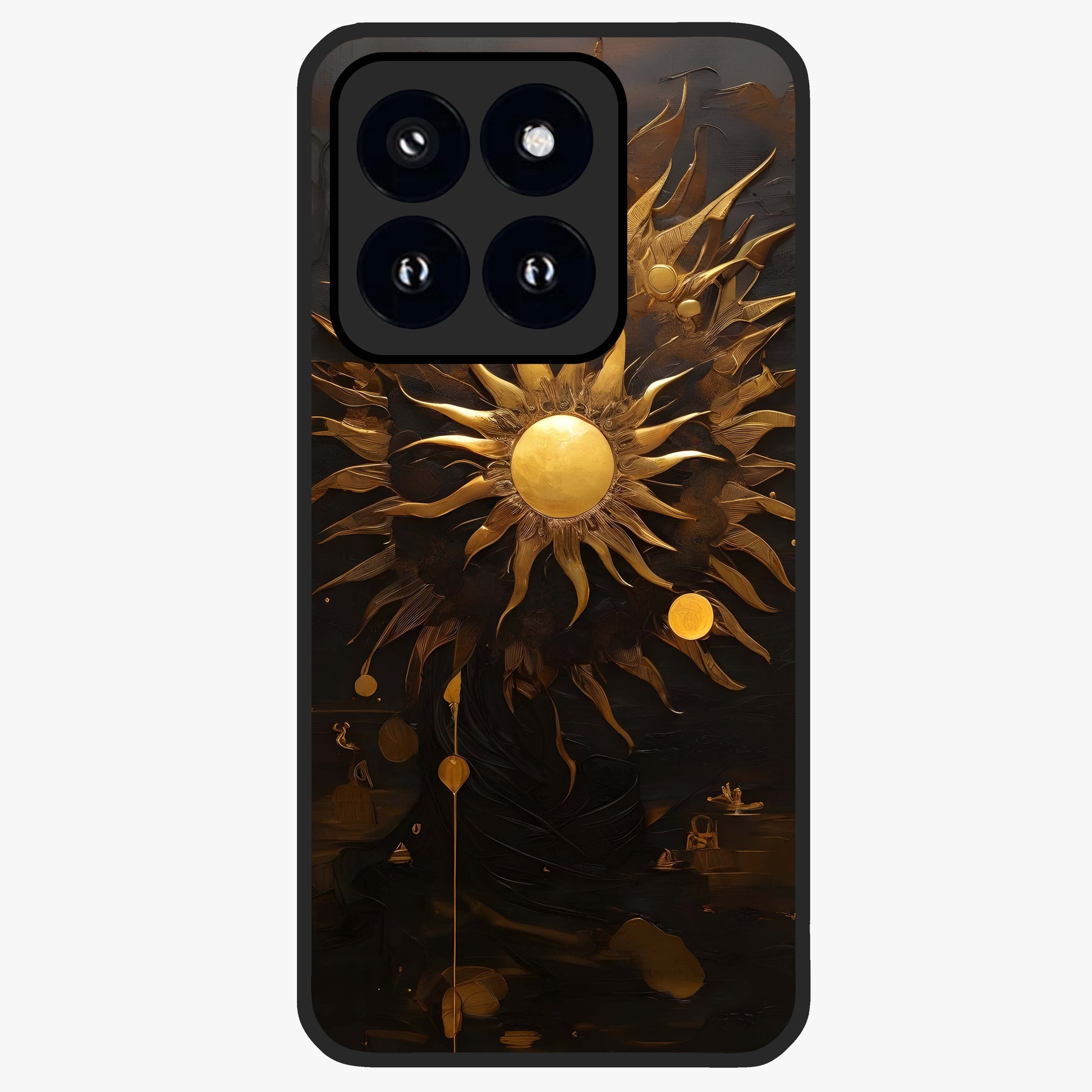 Golden Sun Majesty Glass Case showing flat back view with radiant golden sun artwork and glossy glass finish.