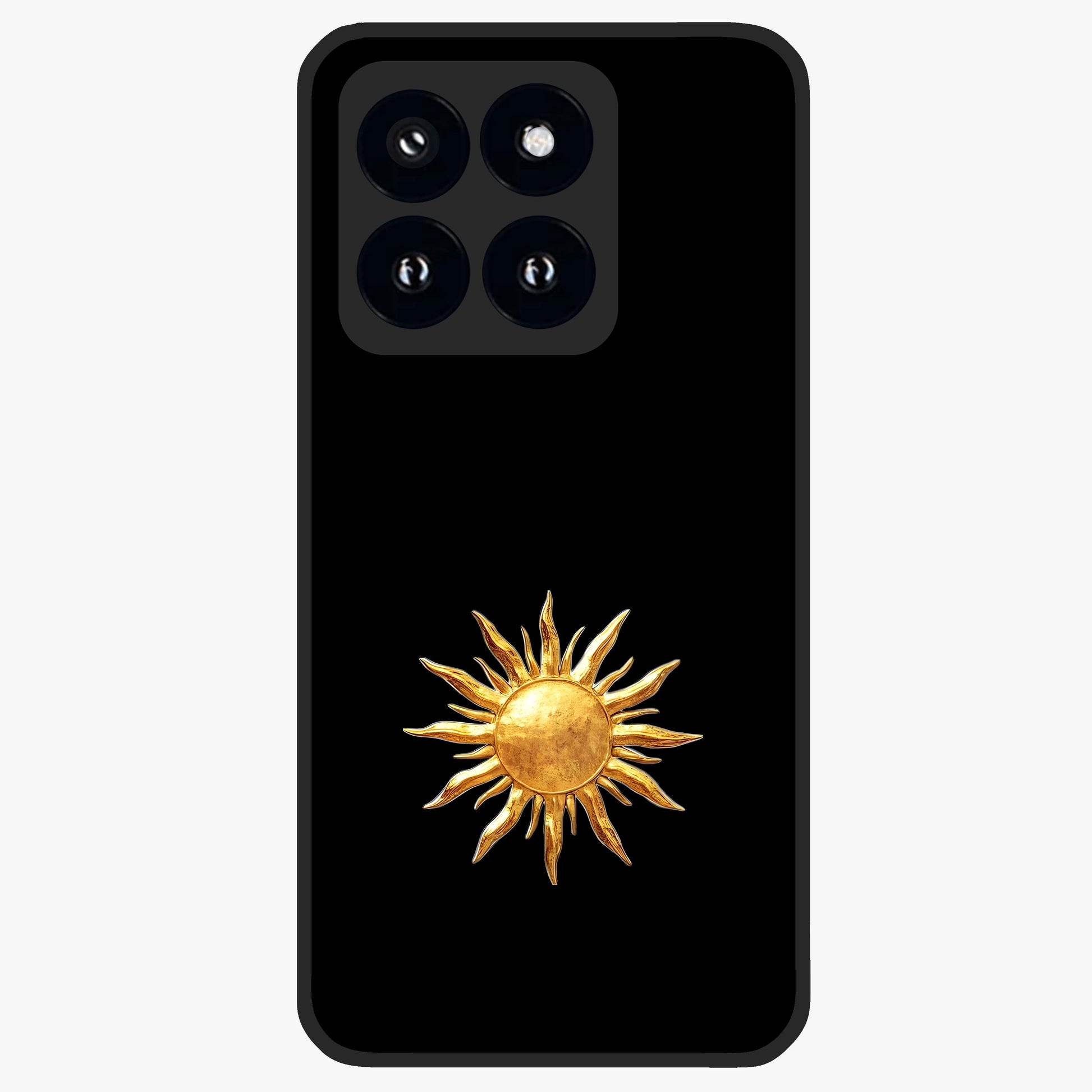 Golden Sun Minimalism Glass Case showing flat back view with minimal golden sun artwork and glossy glass finish.