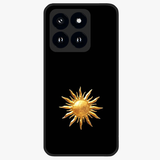 Golden Sun Minimalism Glass Case showing flat back view with minimal golden sun artwork and glossy glass finish.