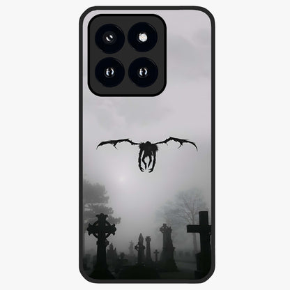 Graveyard Shadow Descent Glass Case showing flat back view with dark graveyard themed artwork and glossy glass finish.