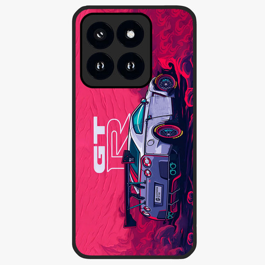 GT-R Car Pattern Glass Case showing flat back view with sporty car inspired pattern artwork and glossy glass finish.