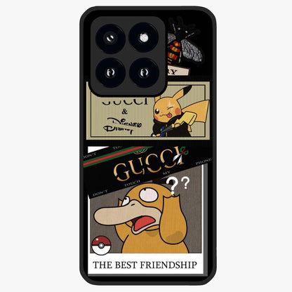 Gucci Play Mashup Glass Case showing flat back view with luxury inspired graphic artwork and glossy glass finish.