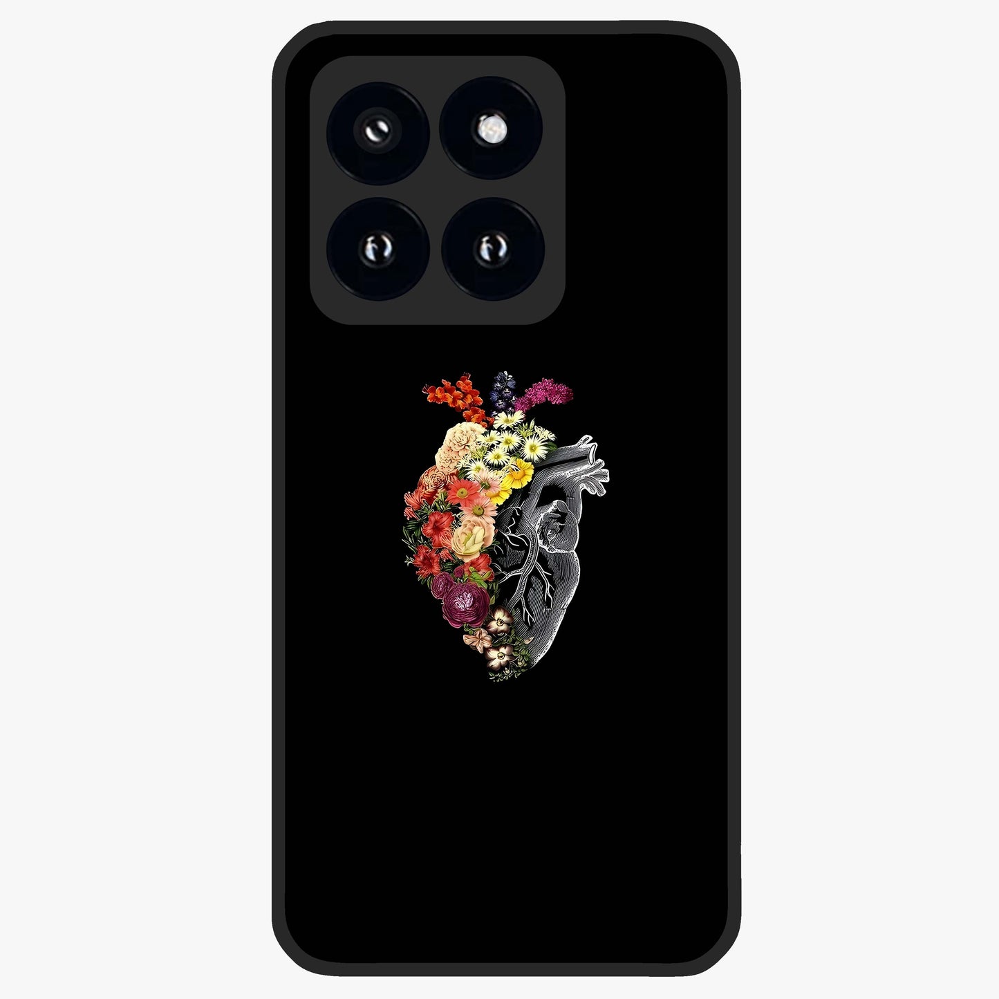 Heart With Flowers Glass Case showing flat back view with heart shaped floral artwork and glossy glass finish.