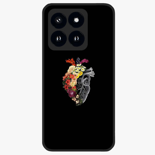 Heart With Flowers Glass Case showing flat back view with heart shaped floral artwork and glossy glass finish.
