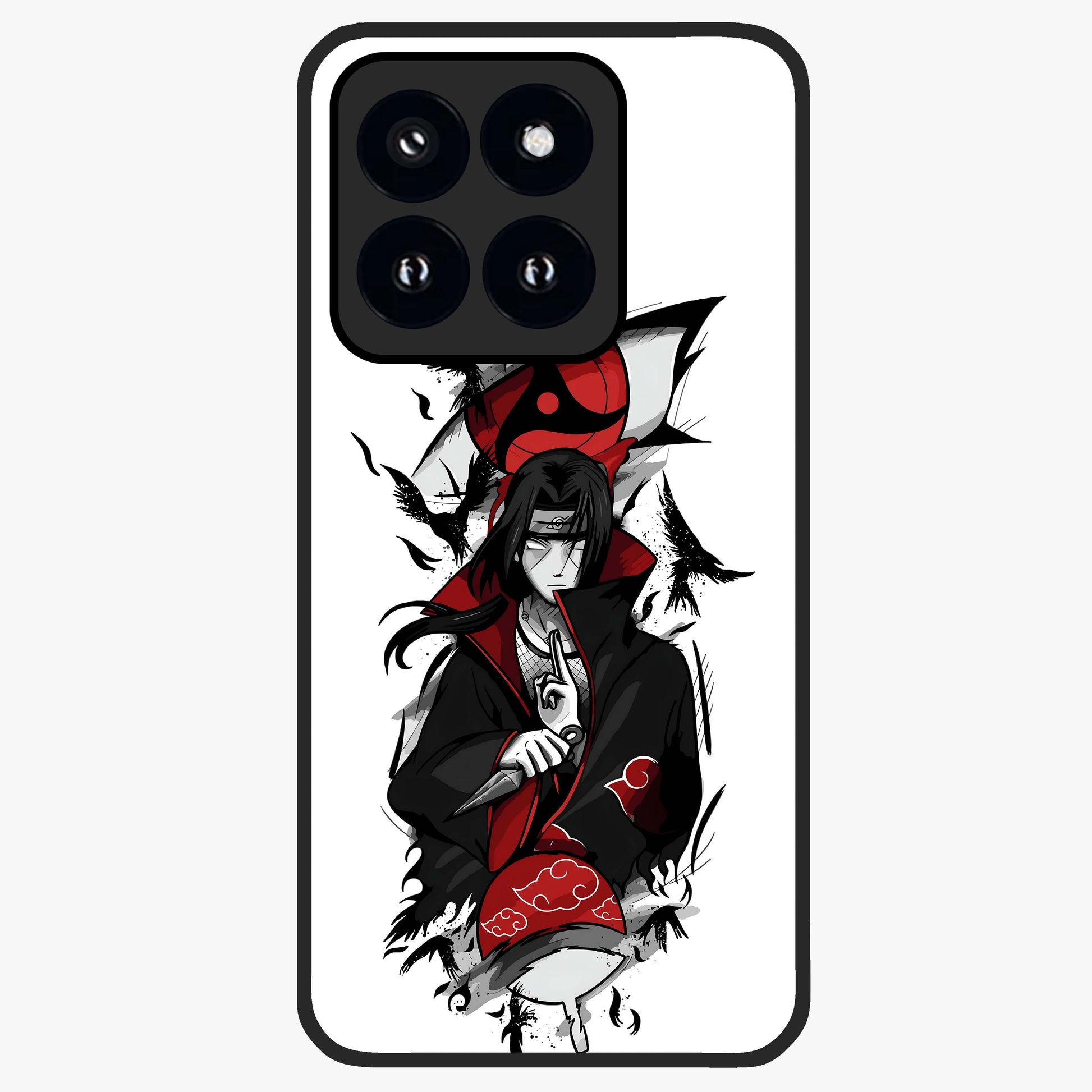 Itachi Sharingan Glass Case showing flat back view with powerful anime eye artwork and glossy glass finish.
